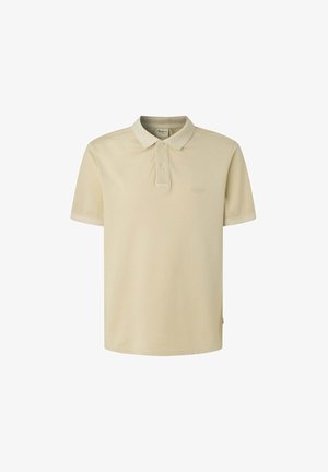 Beige-paita, joka on valmistettu pehmeästä puuvillasta, klassisella kaula-aukolla, kahden napinlistalla ja lyhyillä hihoilla. Rinnassa on hillitty logo.