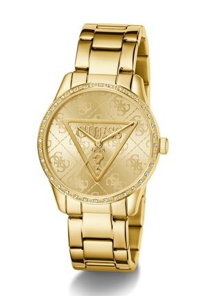 Reloj en tono dorado con un dial texturizado que presenta el logo "GUESS" en relieve, rodeado de un bisel adornado con cristales y una pulsera de eslabones.
