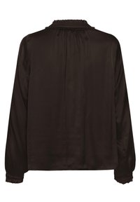 Blouse marron foncé à manches longues avec de subtils volants au col et aux poignets, vue de dos sur fond blanc.