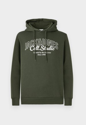Dark green hoodie featuring a kangaroo pocket, drawstring hood, and white printed logo text. Made from soft, textured fabric with ribbed cuffs.