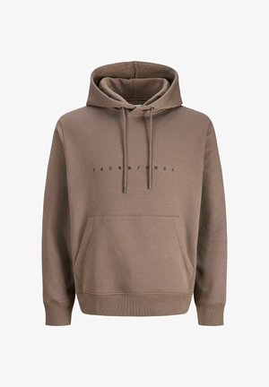 Brauner Hoodie aus weichem Material, mit Kängurutasche, Kapuze mit Kordelzug und schwarzem Aufdruck auf der Vorderseite.