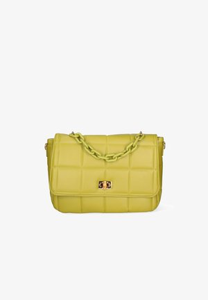 Quilted lime green leather shoulder bag with a chunky chain strap and gold-tone rectangular twist-lock clasp on front flap.
