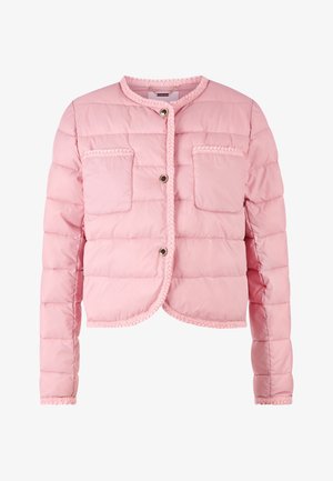 Pink puffer jacket with a round neck, braided trim, and snap buttons. Features two front pockets and a quilted texture.