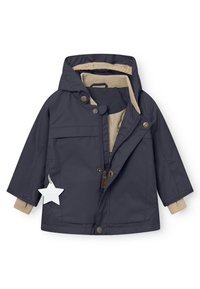 Veste imperméable bleu marine avec capuche, doublure beige et boutons-pression. Caractéristiques : poignets côtelés et étiquette à suspendre en forme d'étoile blanche.