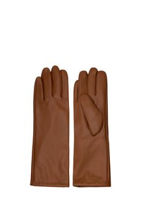 Bruine leren handschoenen met vijf vingers, gladde textuur en een nauwsluitend ontwerp. Heeft een klein logo-accent op het polsgebied.