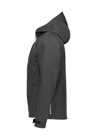 Schwarze Jacke mit Kapuze, langärmlig, mit elastischen Bündchen und Frontreißverschluss. Hergestellt aus einem glatten Stoff mit subtiler seidiger Oberfläche und ohne Muster.