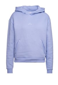 Sudadera de algodón azul claro con capucha ajustable, bolsillo frontal, puños acanalados y un gráfico de percha blanca en el pecho.