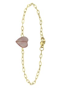 Gouden kettingarmband met een langwerpig hart charm in lichtroze met een gladde textuur. Inclusief een kreeftsluiting voor het bevestigen.