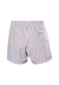 Bañador a rayas en rojo, gris y blanco. Cintura elástica con un bolsillo trasero. Tejido ligero y suave con rayas verticales.