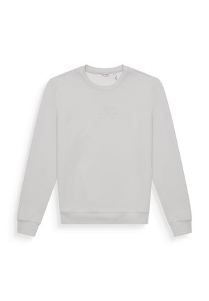 Light gray sweatshirt made from soft fabric. Features a round neck, long sleeves, and embossed logo on the front. Simple design with ribbed cuffs.