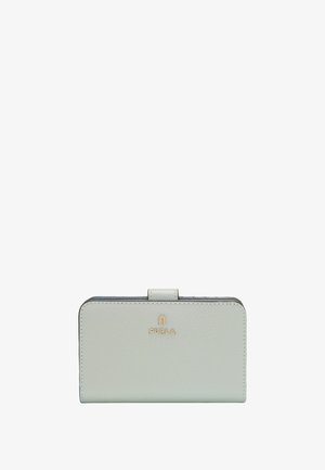 Light gray leather wallet with a textured finish, featuring a gold logo and a snap closure. Compact rectangular shape with rounded edges.