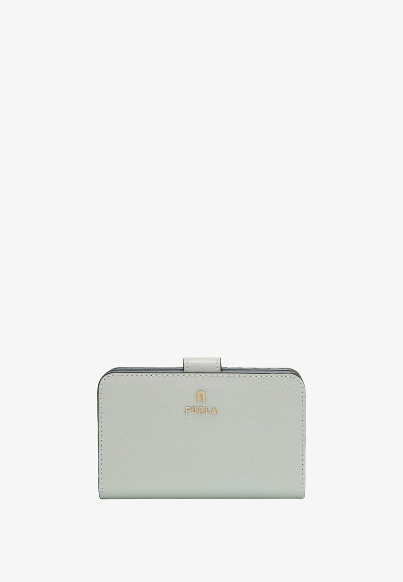 Light gray leather wallet with a textured finish, featuring a gold logo and a snap closure. Compact rectangular shape with rounded edges.