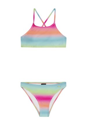 Twee-delig bikini set met een verloopontwerp in pastelkleuren, waaronder roze, blauw en groen. Gemaakt van zwemkledingstof, met verstelbare bandjes.