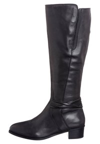 Svart knähigh läderstövel med rund tå och låg klack, med en omslagssydd detalj vid vristen och slät yta.