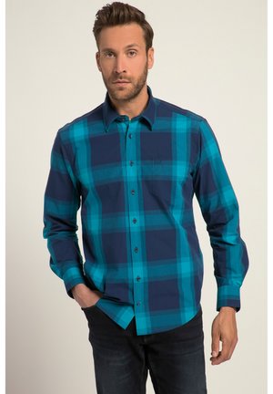 Button-up karierte Bluse in Blau- und Marine-Tönen, mit langen Ärmeln, einer Brusttasche und einem abgerundeten Saum. Hergestellt aus einem strukturierten Stoff.