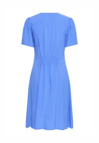 Blue knee-length dress with short puff sleeves and gathered detailing at the back waist, flaring into a slightly A-line skirt.