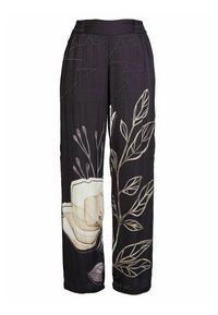 Black wide-leg pants with beige floral and leaf print, elastic waistband, and loose flowing fabric.