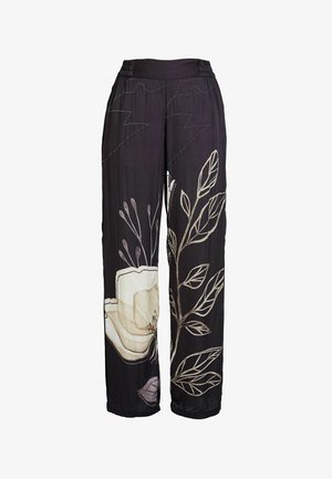 Sorte brede bukser med beige blomster- og bladmønster, elastisk talje og løst, flydende stof.