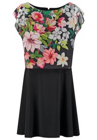 Robe noire à manches courtes, avec un motif floral coloré sur le haut et une jupe évasée noire unie.