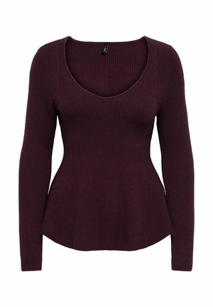 Dieprode geribbelde top met lange mouwen, een diepe ronde halslijn en een aangesloten taille. Zachte textuur, uitlopende onderkant.