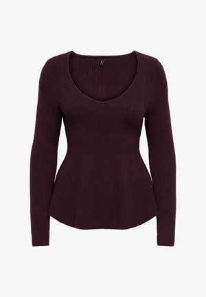 Dieprode geribbelde top met lange mouwen, een diepe ronde halslijn en een aangesloten taille. Zachte textuur, uitlopende onderkant.