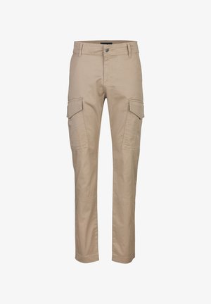 Beige cargobroek van katoen met een rechte pijp. Heeft twee zijzakken, sterke stiksels en een sluiting met een knoop aan de voorkant.