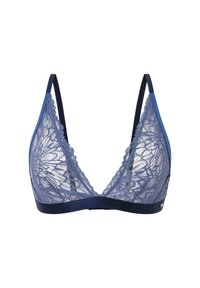 Čipkovaný bralette v tmavomodrej farbe s kvetinovým vzorom, jemná tkanina, trojuholníkové košíčky a tenké nastaviteľné ramienka. Hladký pás na spodnej strane.