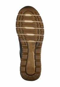 Rubber shoe sole with a textured pattern, featuring deep grooves and varying widths. Color is brown with lighter accents on the tread.