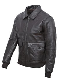 Dunkelbraune Leder-Bomberjacke mit Reißverschluss, Kragen, zwei vorderen Taschen, gerippten Manschetten und einer glatten Oberfläche.