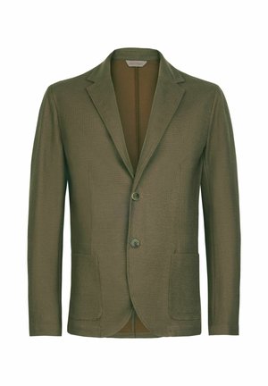 Blazer pour homme vert olive avec revers crantés, deux boutons, manches longues et poches plaquées, présenté sur un fond blanc.