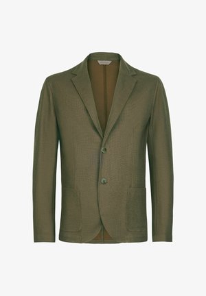 Blazer pour homme vert olive avec revers crantés, deux boutons, manches longues et poches plaquées, présenté sur un fond blanc.
