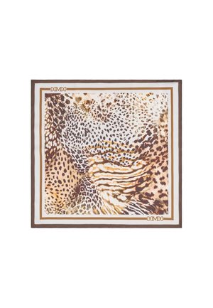 Zijden sjaal met dierenprintpatronen waaronder luipaard- en zebravlekken in bruin, beige en witte tinten, omrand met een dubbele bruine lijst.