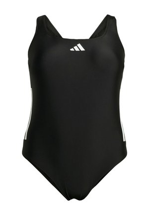 Musta yksiosainen uimapuku, jossa on pyöreä kaula-aukko. Sisältää kolme valkoista diagonaalista raitaa rinnassa ja kontrastiväriä sivuilla.