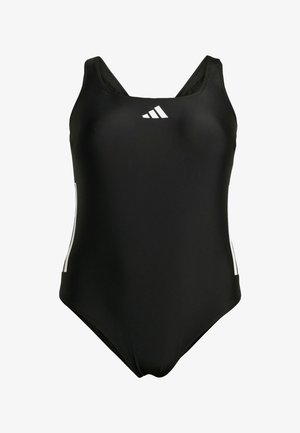 Musta yksiosainen uimapuku, jossa on pyöreä kaula-aukko. Sisältää kolme valkoista diagonaalista raitaa rinnassa ja kontrastiväriä sivuilla.