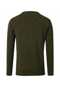 Oliwkowy, długi sweter z rękawami, charakteryzujący się teksturowanym splotem, okrągłym dekoltem i bocznymi rozporkami, z prążkowanymi mankietami i dołem.