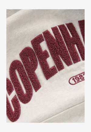 Tissu gris clair avec broderie bordeaux en peluche épelant "COPENHAGEN" et "1987", présentant une surface texturée et duveteuse ainsi que des lettres arrondies.