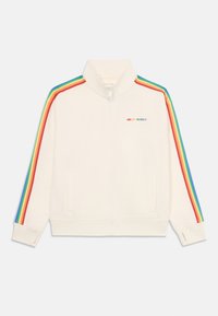 Giacca zip-up crema con alto colletto, strisce arcobaleno colorate lungo le maniche, logo "ABERCROMBIE" in multicolor, texture di tessuto morbido.