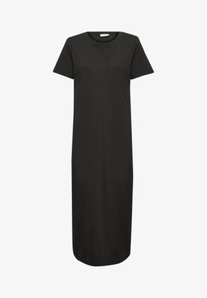 Czarna bawełniana sukienka maxi z krótkimi rękawami, okrągłym dekoltem i prostym krojem. Gładka tekstura bez widocznych wzorów czy akcentów.