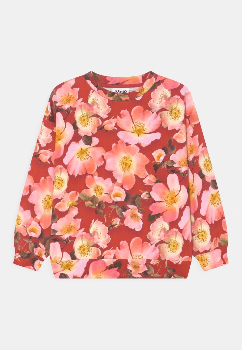 Sweat-shirt rouge à manches longues avec un motif intégral de grandes fleurs roses et jaunes et de feuilles vertes, col rond.