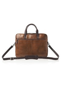 Braune Laptoptasche aus Leder mit doppelten Obergriffen, einem abnehmbaren Schultergurt und einer Vorderreißverschlusstasche. Glatte Textur mit minimalem Zubehör.