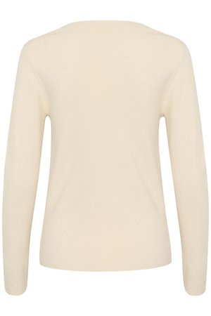 Langærmet sweater i creme beige med rund halsudskæring og blød strikstruktur, samt et enkelt og rent design på ryggen.