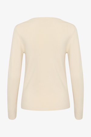 Kreemi beež pikakätisega sviiter, millel on ümmargune kaelus ja pehme kudumite tekstuur, lihtsa ja puhta tagaküljega disain.