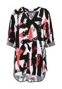 Schwarz-weißer und roter gemusterter Oberteil mit V-Ausschnitt und drei Viertelärmeln, der abstrakte Designs und einen abgerundeten Saum aufweist. Leichter Stoff.