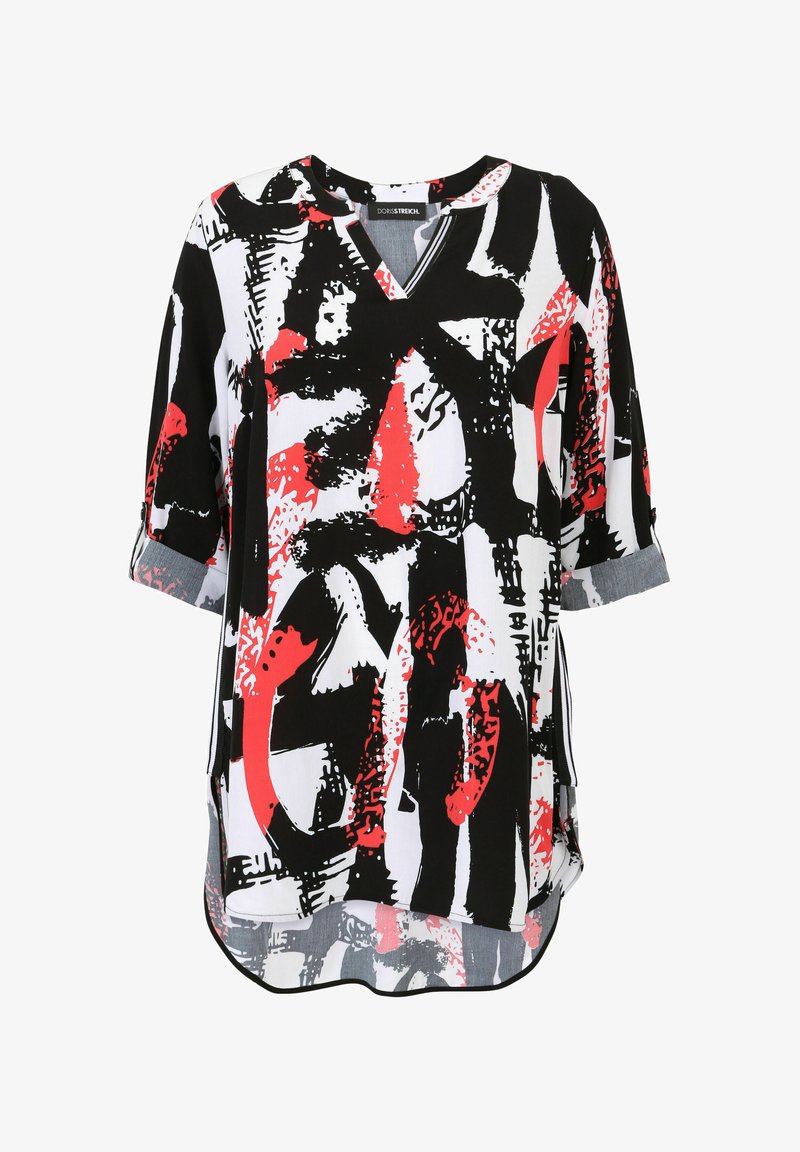Schwarz-weißer und roter gemusterter Oberteil mit V-Ausschnitt und drei Viertelärmeln, der abstrakte Designs und einen abgerundeten Saum aufweist. Leichter Stoff.