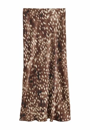 Fustă midi maro cu pete albe neregulate care seamănă cu un imprimeu animalier, realizată dintr-un material neted, ușor lucios.