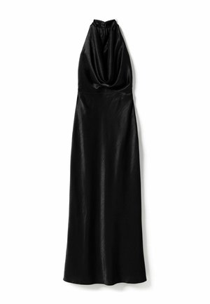 Must mustraks dress, valmistatud siledast, läikivast kangast. Omab voolavat kaelust ja põrandani ulatuvat siluetti. Lihtne, elegantne disain.