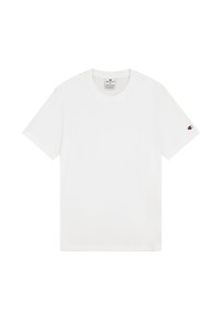 Weißes Baumwoll-T-Shirt mit kurzen Ärmeln, Rundhalsausschnitt und einem kleinen Logo auf dem linken Ärmel. Weicher Stoff und klassischer Schnitt.