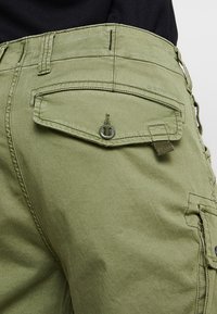 Close-up of olive green cargo pants pocket with flap, button closure, and visible stitching on the hip area.