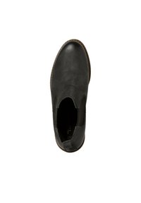 Schwarze Leder-Ankle-Boots mit elastischen Seitenteilen, abgerundeter Zehenpartie und brauner Sohle. Glatte Textur mit minimalistischer Gestaltung.