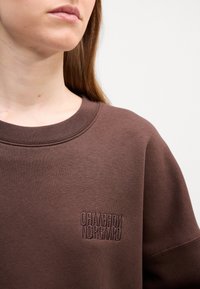 Brown sweatshirt with a round neckline, featuring stitched logo detailing on the front. Fabric appears soft with a smooth texture.